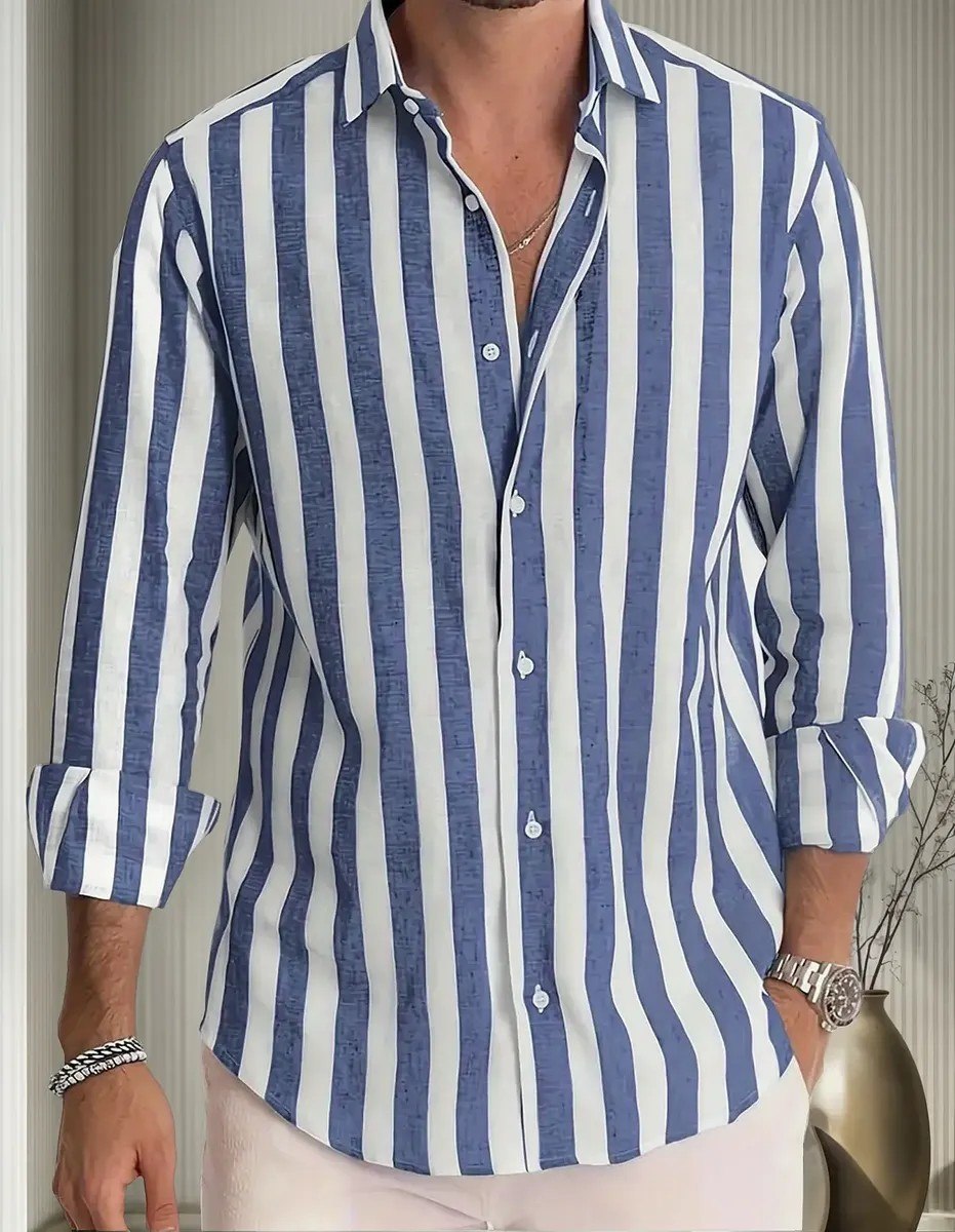 Camisa Masculina De Manga Comprida Com Botões E Listrada