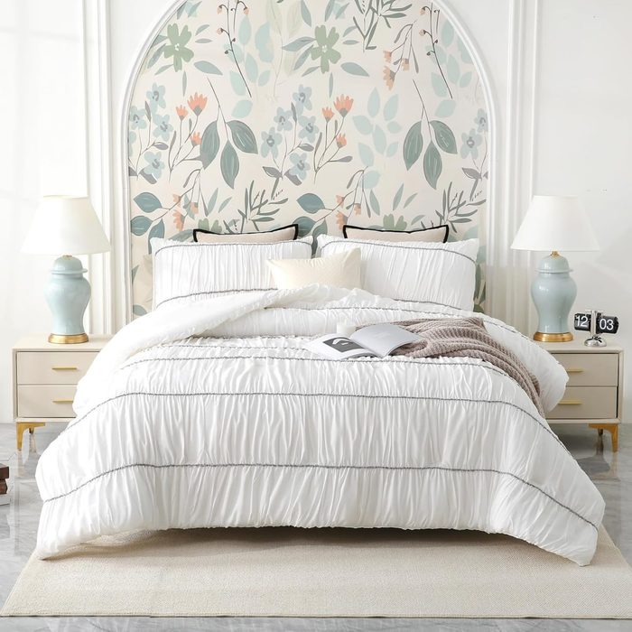 Bedding Dreamer Conjunto de edredom branco, King, franzido e plissado, 3 peças, decoração de casa, casa de fazenda, boêmio, extra macio, mic