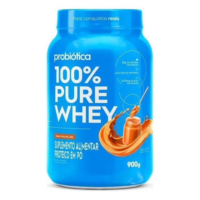 suplementos probiótica 100% pure whey 900g pote sabores novos
