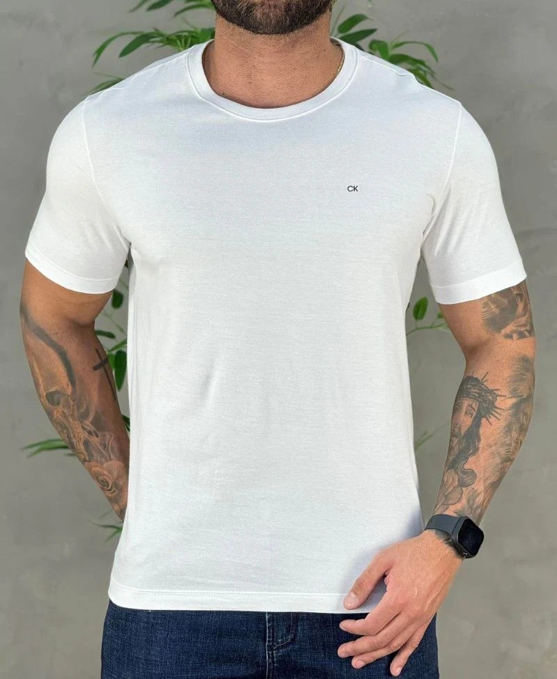roupas calvin klein camiseta meia malha basica upper ck branca