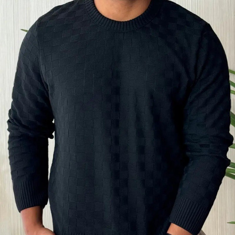 Suéter Masculino Lã Tricot Manga Longa Xadrez Blusa De Frio