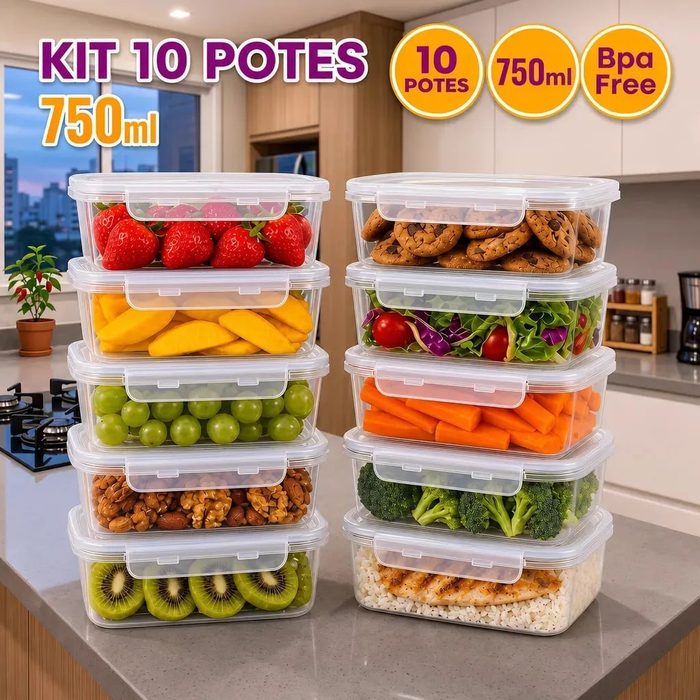 cozinha kit 10 potes 750ml com tampa trava plástico