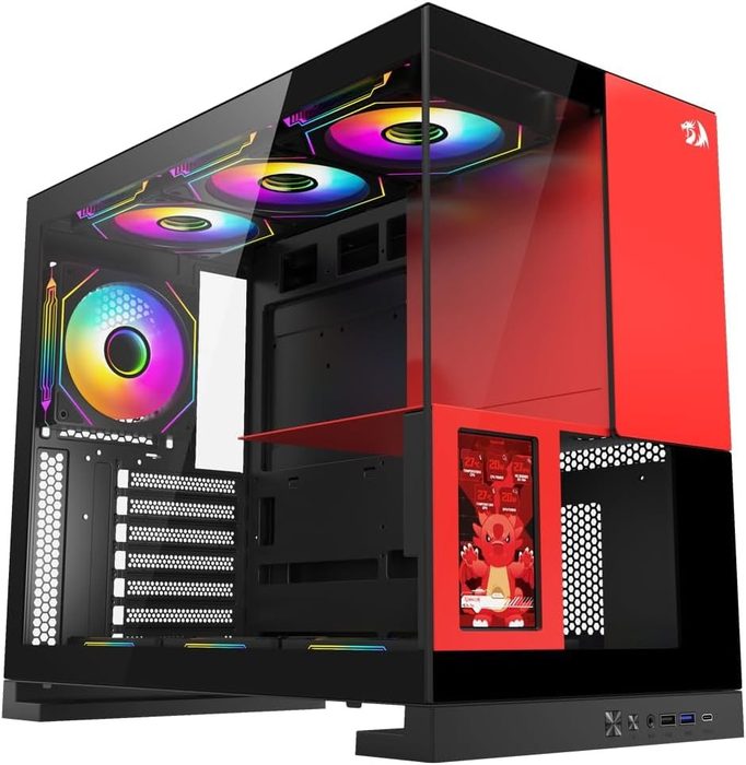 gabinete gamer redragon eternal pro preta e vermelha sem fans com tela lcd