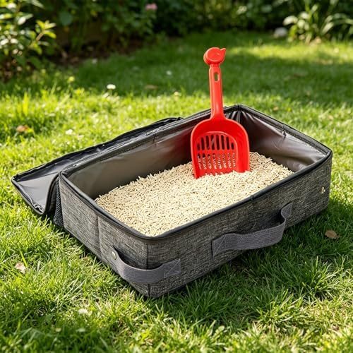 25 40cm Caixa de Areia para Gatos Portátil, com Tecido Oxford Catiônico e Membrana Impermeável de PEVA, Areeiro Dobrável com Tampa e Zíper, 