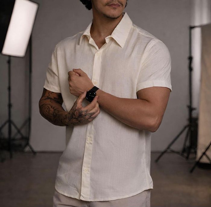 Camisa De Linho Masculina Manga Curta Para Verão Moda Praia