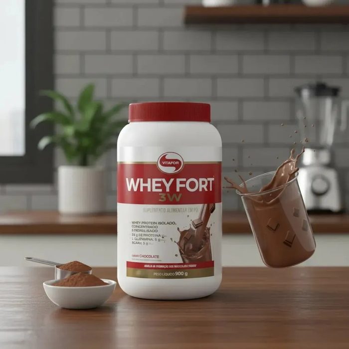 🛒 Whey Fort 3w Vitafor Proteina Em Po Sabor Chocolate. Em Pote De 900g