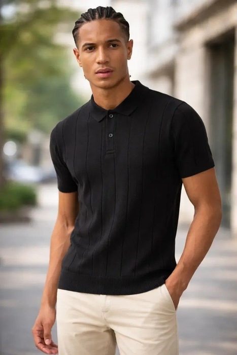 Camisa Polo Masculina Tricot Casual Canelada Original Preto Lisa Xg
