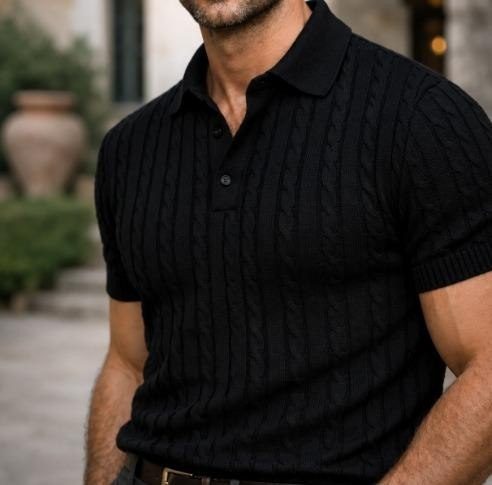 Camisa Polo Masculina Tricô Trama Trançada Preto Texturizada