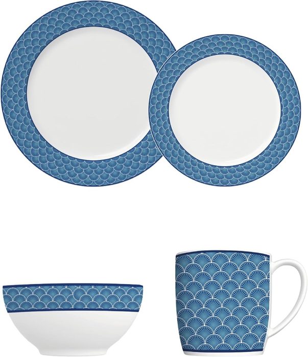 Jogo de jantar completo em porcelana, Modelo Capri, Urban, Aura Azul, 16 peças, Germer, Branco com detalhes em azul
