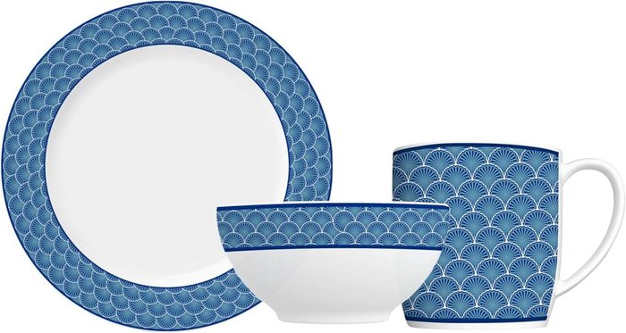 Jogo de lanche em porcelana, modelo Capri, Urban, Aura Azul, 12 peças, Germer, Branco com detalhes em azul