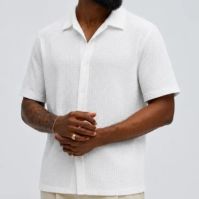 Camisa Social Slim Manga Curta Masculina Botões Texturizado