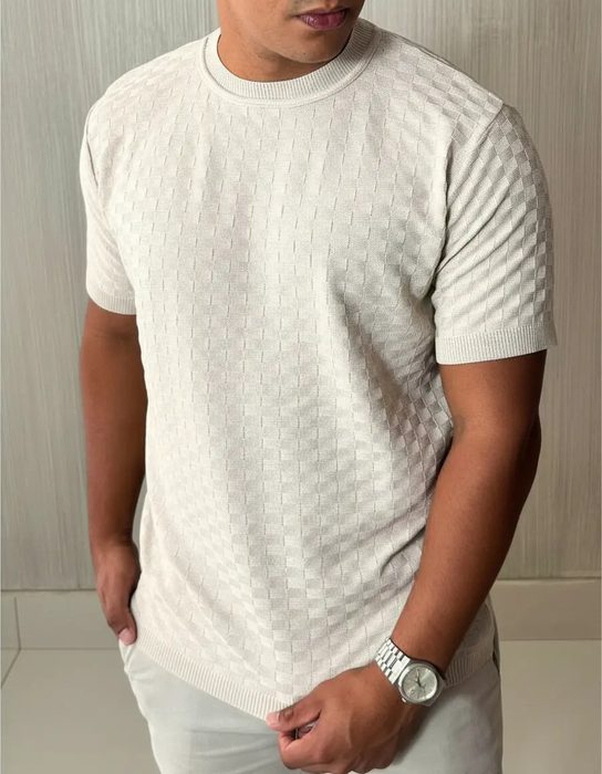 Camiseta Masculina Manga Curta Xadrez Tricô Leve Elegante