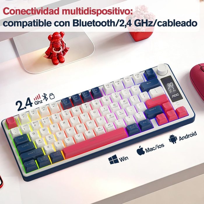 AOC GK280 Teclado sem fio 70%, Bluetooth Trimodo /2.4 GHz/USB-C