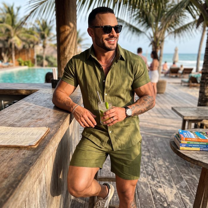 Conjunto Masculino Linho Camisa Shorts Mauricinho Com Bolso