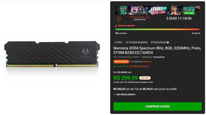 Memória RAM DDR4 Spectrum Blitz, 8GB, 3200MHz, CL16, Preto, ST-RM-BZ8G32C16WD4