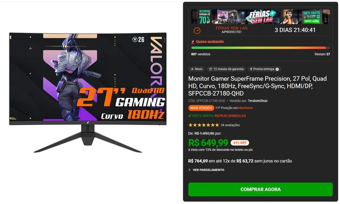 ⭐ Monitor Gamer SuperFrame Precision, 27 Pol, Quad HD, Curvo, 180Hz, FreeSync/G-Sync, HDMI/DP, SFPCCB-27180-QHD