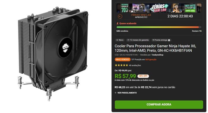 Air Cooler Para Processador Gamer Ninja Hayate X6, 120mm, Intel-AMD, Preto, GN-AC-HX6HB1FIAN