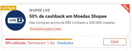 Cupom de 50% de cashback limitado a