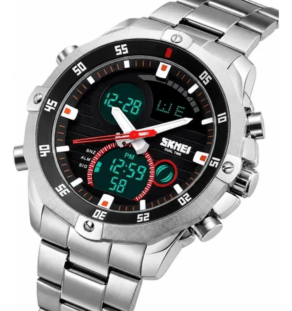 relógio skmei 1146 masculino aço inox prata fundo preto anadigi luz alarme 3atm