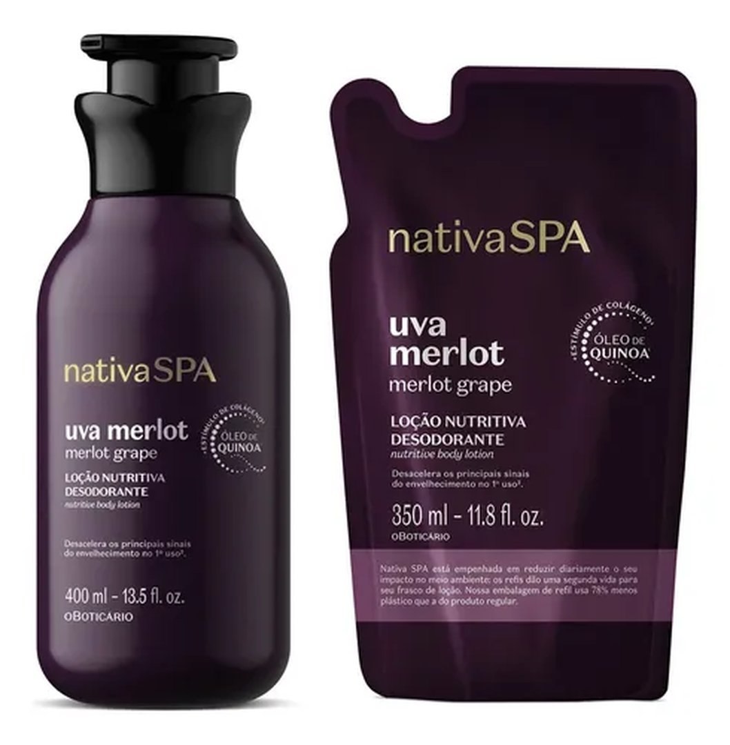 cosméticos nativa spa uva merlot loção corporal 400ml refil 35