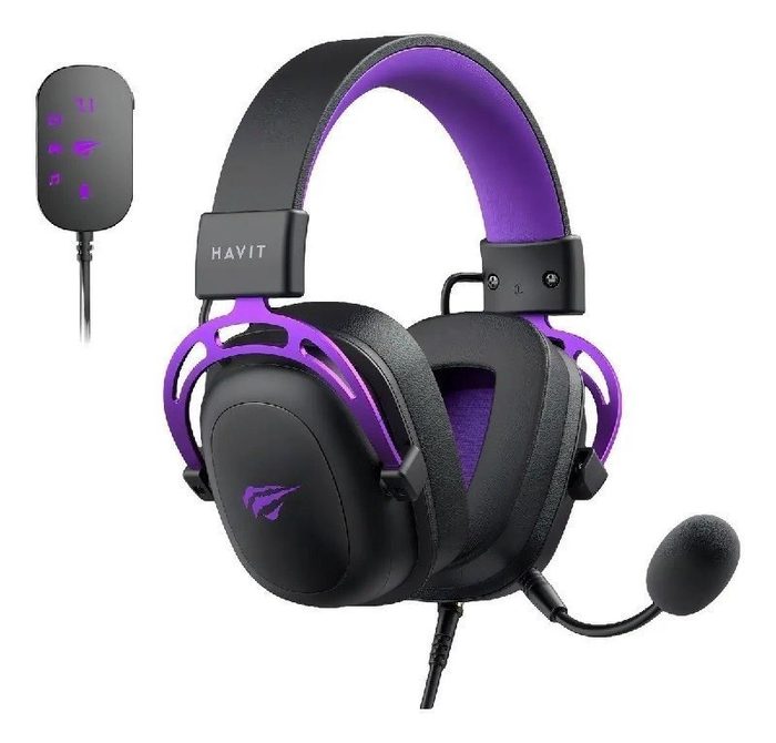 Headset Gamer Havit Gamenote H2002c + U Adaptador Usb 7.1, P3, Adaptador P2 para Pc, Microfone Destacável, Preto/Roxo