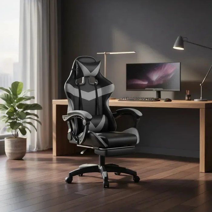 🛒Cadeira De Escritório Gamer Nitro Ergonômica Estofado Couro Sintético Reclinável Altura Ajustável Apoio Para Pés Cor Cinza
