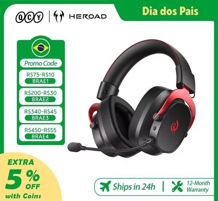 Headset Gamer QCY Heroad VT200 Sem Fio Bluetooth 6.0/2.4GHz/USB-C Som Surround 7.1 Driver 53mm Microfone Removível PC PS4 PS5