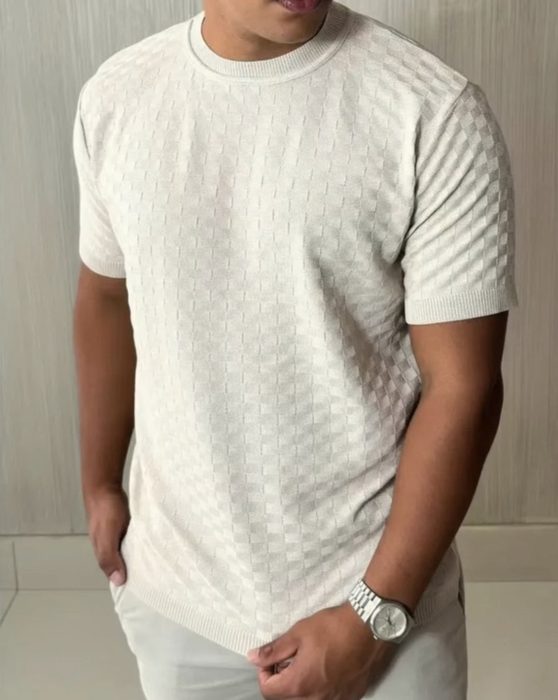 Camiseta Masculina Manga Curta Xadrez Tricô Leve Elegante
