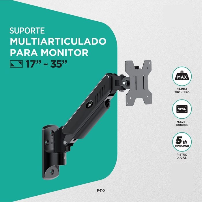 ELG, F410, Suporte Articulado de Parede, Pistão a Gás, Design Ergonômico e Ajustável, Monitores 17'' a 34'', Preto