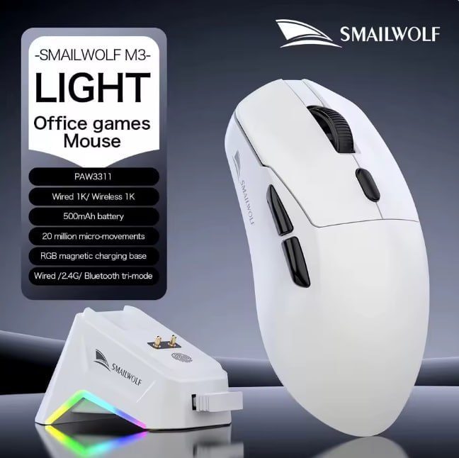 Mouse Smailwolf M3, Sensor Paw3311 Tri-Mode, 12000 Dpi, 1000Hz Branco
