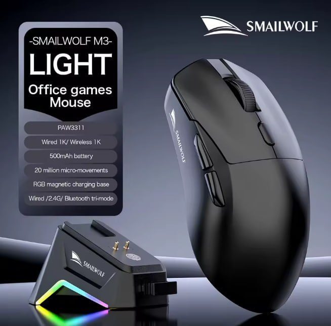 2x Mouse Smailwolf M3, Sensor Paw3311 Tri-Mode, 12000 Dpi, 1000Hz Preto
