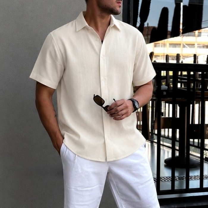 Camisa De Linho Masculina Manga Curta Para Verão Moda Praia
