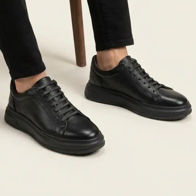 Tênis Masculino Couro Legítimo Casual Solado Alto Premium Preto