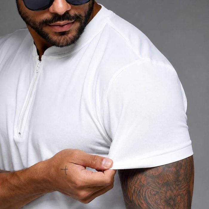 Camiseta Masculina Gola Padre Zíper Manga Curta Algodão