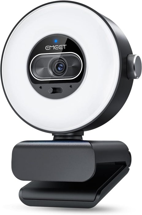 EMEET S600L Webcam 4K para Streaming com Luz de Anel, 4 Modos de Iluminação, Efeito Arco-Íris, Sensor de 1/2", Imagem com IA