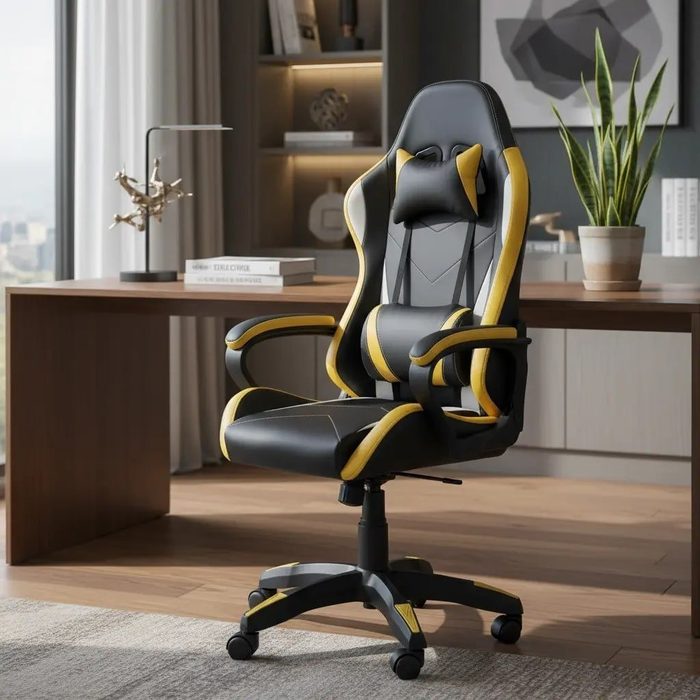 🛒Cadeira De Escritório Gamer Python Fly Ergonômica Estofado Couro Sintético Reclinável Altura Ajustável Cor Amarelo