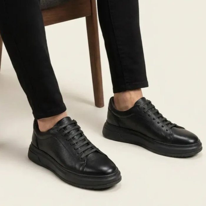 Tênis Masculino Couro Legítimo Casual Solado Alto Premium Preto 38 a 43