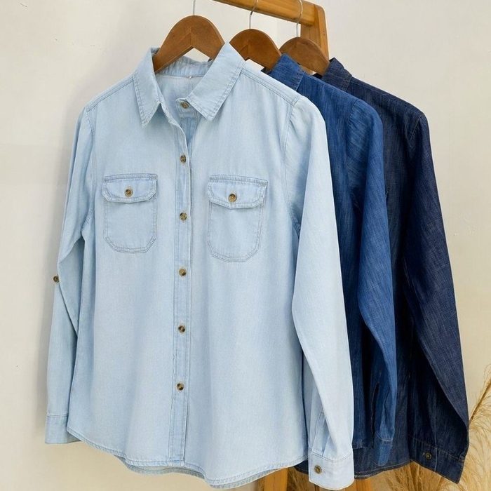 Camisa Jeans Masculina Social Slim Manga Longa Jeans Claro G