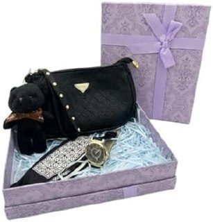 Kit Presente com Bolsa Feminina Pequena, Relógio Feminino, Ursinho e Lenço, Caixa Presenteável Luxo, Pronto para Presentear