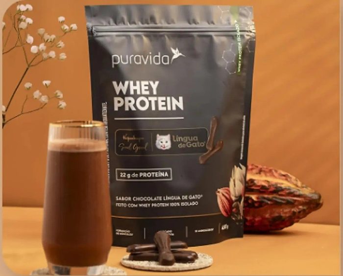 đź›’Whey Protein Isolado Chocolate Lingua de Gato 450g Puravida