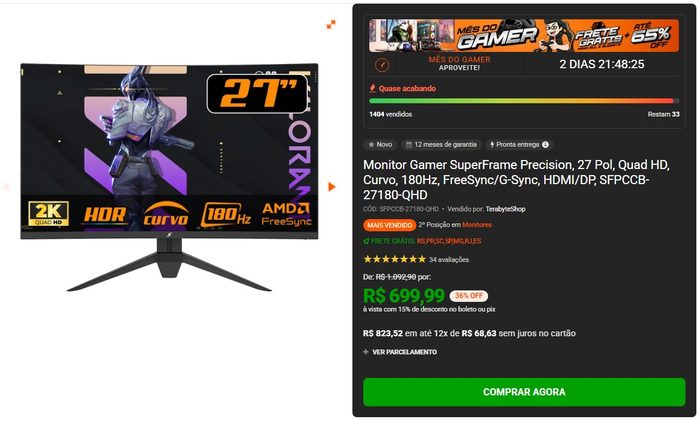 ✨ Monitor Gamer SuperFrame Precision, 27 Pol, Quad HD, Curvo, 180Hz, FreeSync/G-Sync, HDMI/DP, SFPCCB-27180-QHD