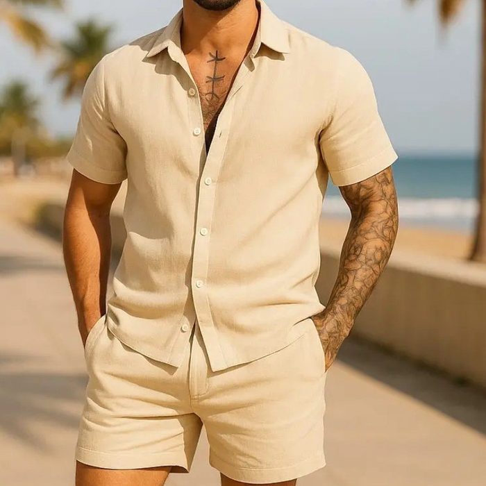 Conjunto Casual Linho Masculino Camisa Botão Bermuda Cordão P ao GG