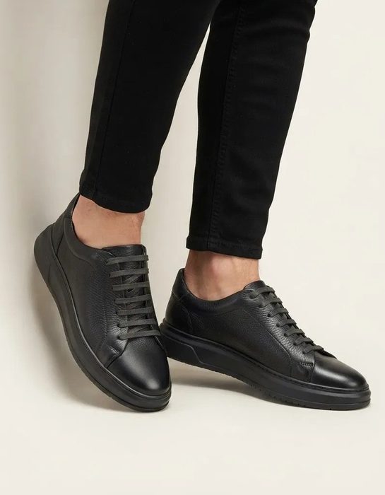Tênis Masculino Couro Legítimo Casual Solado Alto Premium Preto 38 a 43