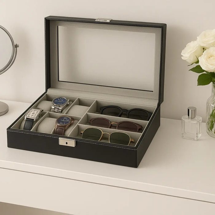 estojo quero case 6 relogios 4 oculos preto