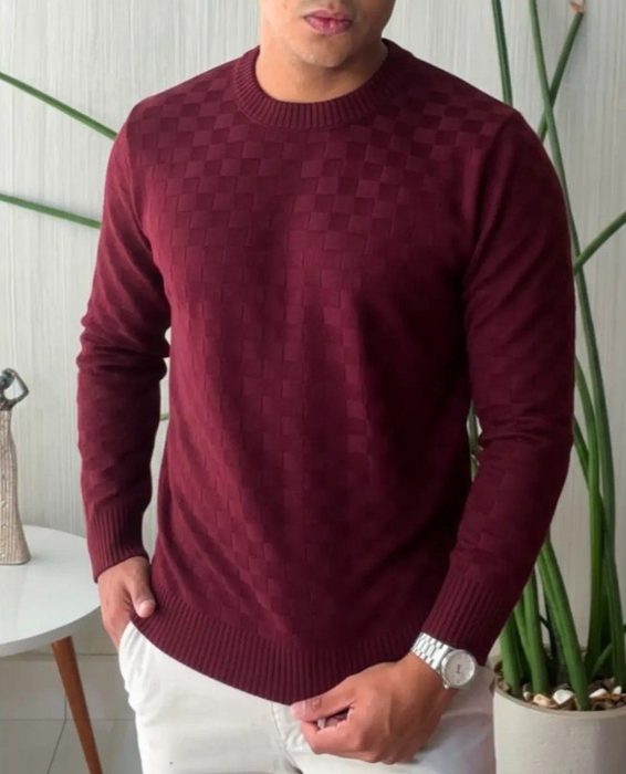 Blusa De Frio Masculina Trico Suéter Lã Gola Careca Xadrez