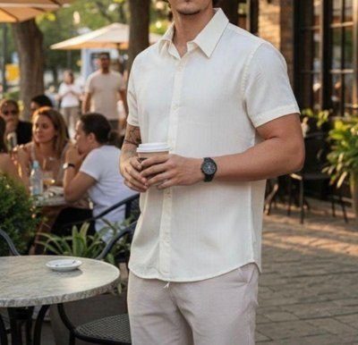 Camisa De Linho Masculina Manga Curta Para Verão Moda Praia