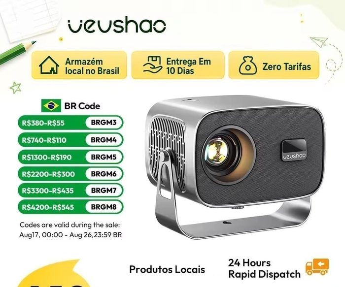 🎮 Projetor Vevshao A12, Android 11, Wifi 6, 350 ANSI Lumens