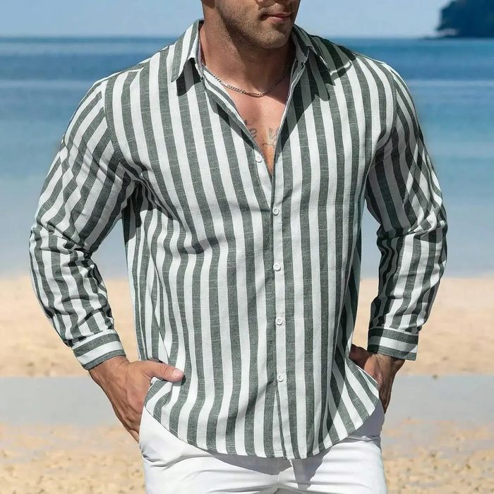 Camisa Masculina De Manga Comprida Com Botões E Listrada M ao 2XG