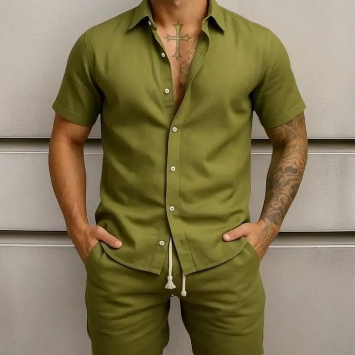 Conjunto Casual Linho Masculino Camisa Botão Bermuda Cordão P ao G