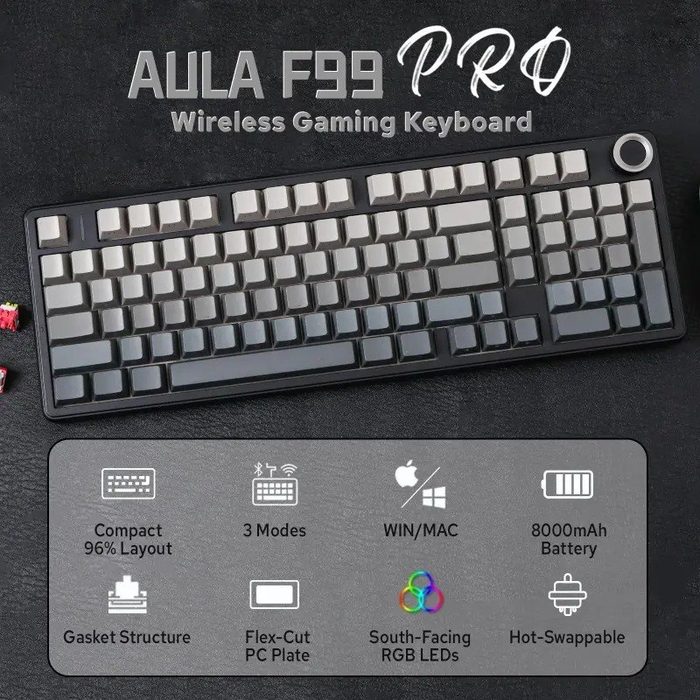 🎮 Teclado Mecânico AULA F99 Pro Tri-mode 8000mAh, Hot Swappable + Knob